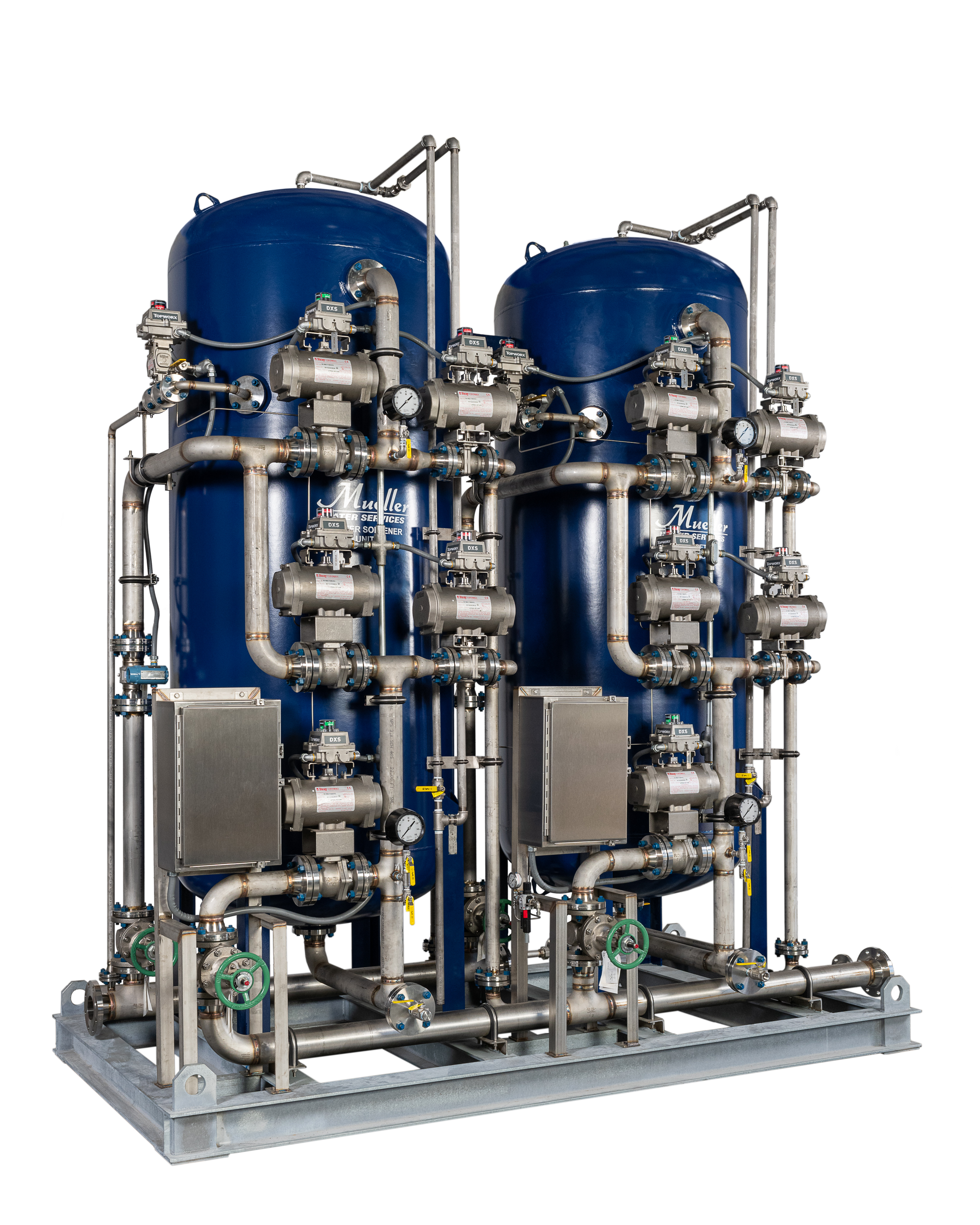 Heavy-duty Mueller twin water softener system with stainless steel flanged-and-welded manifold piping and actuated valves on a skid